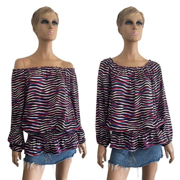 Michael Kors Red White Blue Black Stripe Tunic Blouse Off Shoulder - Size 1X - Picture 1 of 8